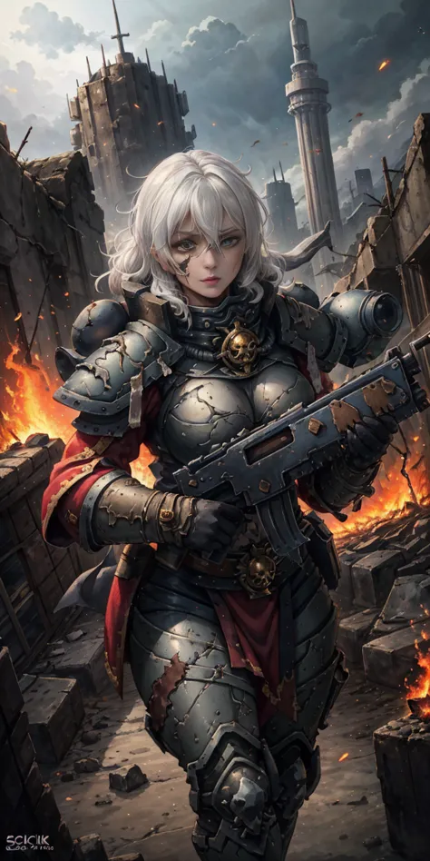(masterpiece:1.2) (best quality:1.2) perfect eyes, perfect face, perfect lighting, 1girl, mature whsororitas with a laser rifle ...