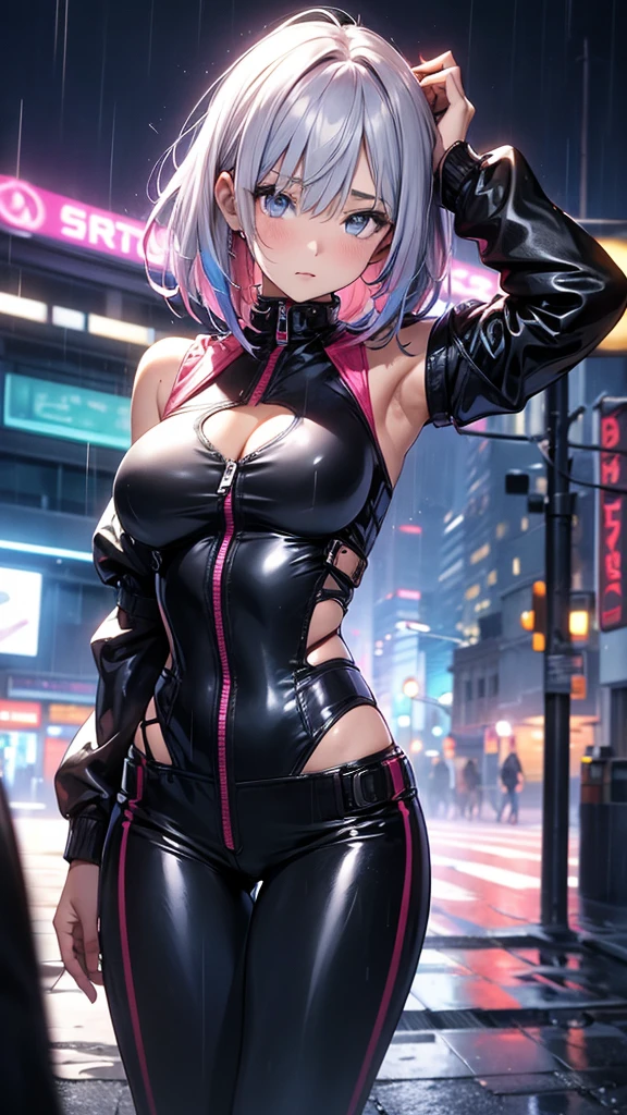 portrait, 1 girl, beautiful face, asymmetrical hair, multi-colored hair, belt, partial unzipped bodysuit and showing clevage, navel, detached sleeves, grey eyes, hip vent, open jacket, cute, look at viewer, night city, neon, rainy, back turned