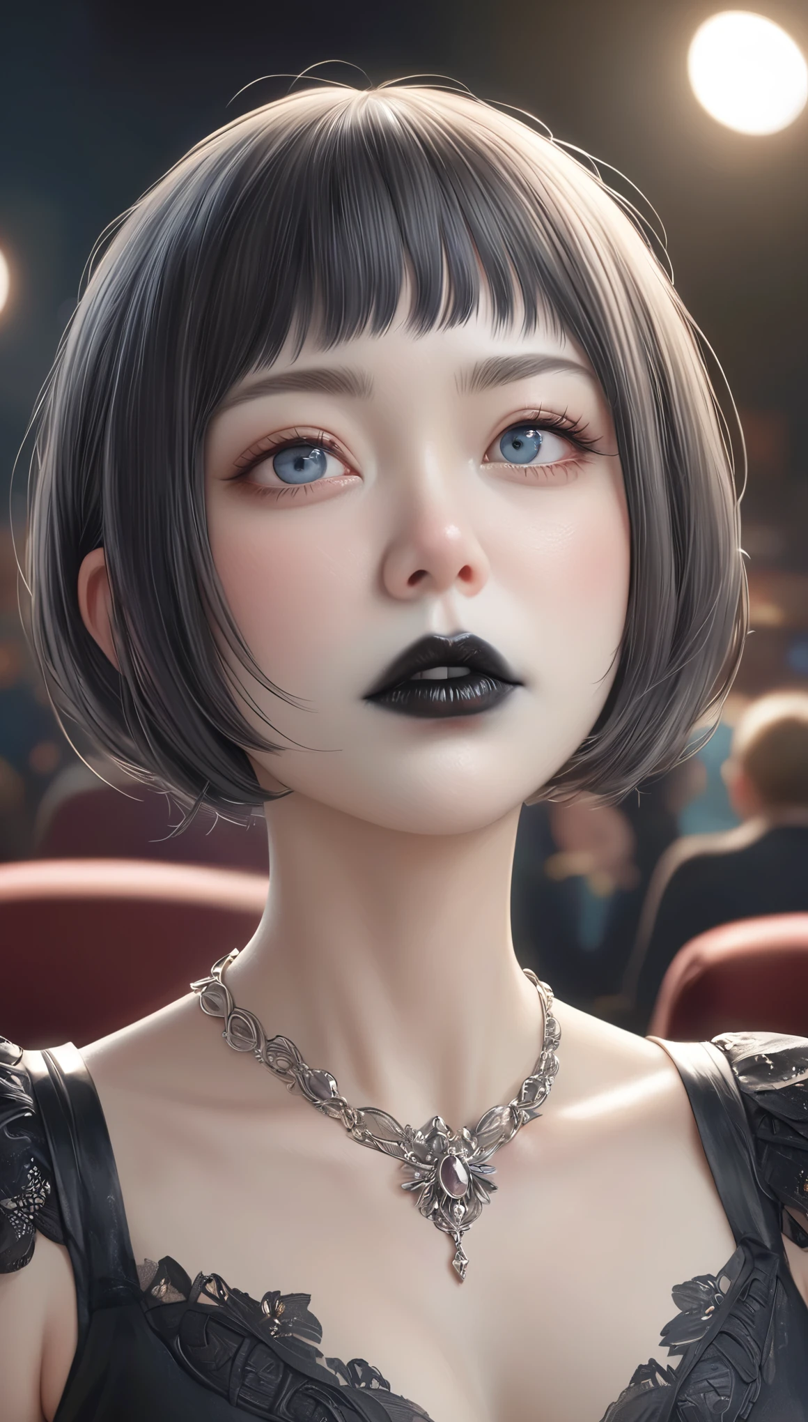 (UHigh resolution, retina, masterpiece, Accurate, Anatomically correct, Textured skin, Very detailed, Attention to detail, high quality, 最high quality, High resolution, 1080p, High resolution, 4K, 8k, 16k), (Beautiful details, Beautiful lip detail, Very detailedな目と顔),(masterpiece:1.2, 最high quality), (Realistic, photoRealistic:1.4), Beautiful illustrations, (Natural Side Lighting, Cinema Lighting), Looking at the audience, Upper Body, (Front view), 1 girl, Perfect Face, Symmetrical cute face, Shiny skin, Baby Face, Long eyelashes, (Medium chest), (Wide Hips:1.2),Shortcuts,Beautiful Hair, Beautiful Face, Fine and beautiful eyes, Beautiful body, Beautiful breasts, Beautiful thighs, Beautiful legs, Beautiful fingers,
(Beautiful views),16 years old,Pale skin,Woman in black corset and goth hair, With earrings, One girl, alone, Black Hair, short hair, ring,(pierce:1.5),(Punk Style:1.5),(Gothic Dress),(Black Lips:1.7),