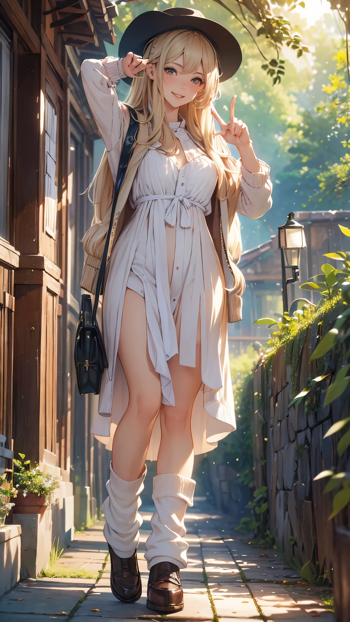 A beautiful young woman, 18 years old, grin,grin,((peace sign,peace sign)),wearing a long white maxi dress, socks,short boots,with long flowing blonde hair, grinning with a slightly mischievous expression, standing in a serene outdoor setting, sunlight filtering through the trees, (best quality,4k,8k,highres,masterpiece:1.2),ultra-detailed,(realistic,photorealistic,photo-realistic:1.37),detailed facial features, beautiful eyes, nose, and lips, intricate fabric textures, natural lighting, cinematic composition, vibrant colors, fantasy,ethereal