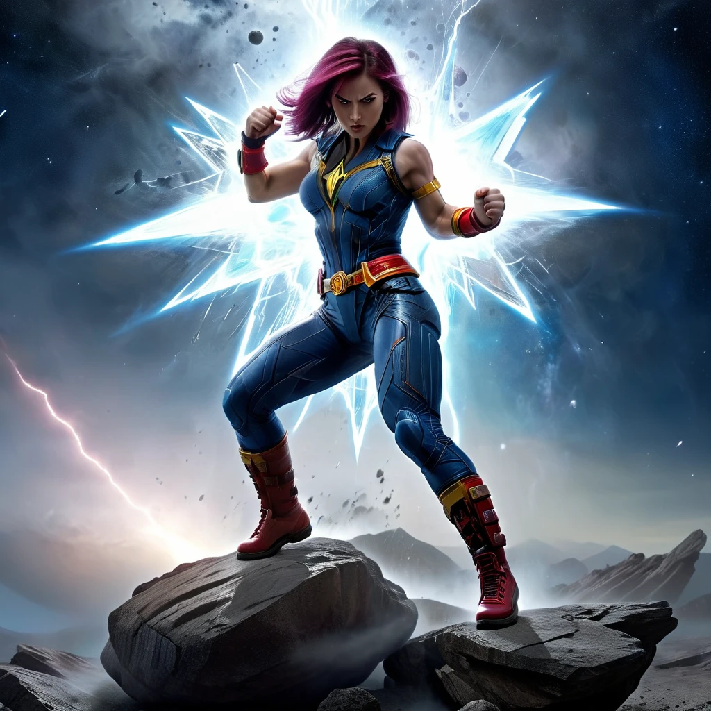 1girl, fist punching hit crushing a rock as nebula explosion, focus on the fist, iconic punch stance, combat action, hitting down earth,  bending knee, jump stance, dark moon, lightning and thunder, fog misty, highly detailed, 8k, photo realistic, masterpiece, epic realism