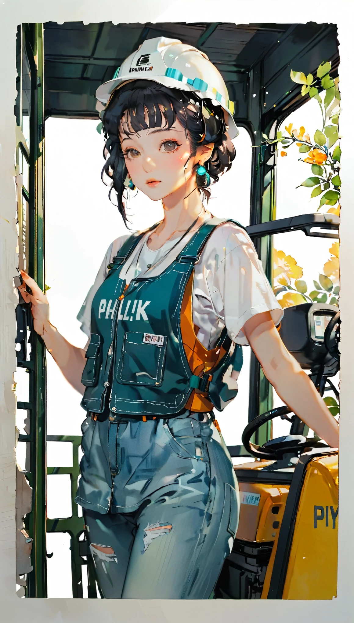 (((paper cutting style))), 1 girl, black hair, short hair, portfolio, T-shirt, denim, safety vest, forklift, helmet