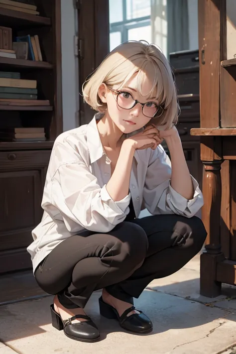 highest quality、masterpiece、High sensitivity、High resolution、５０Old woman、Skinny body、Glasses、squat