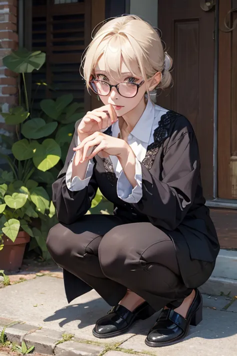 highest quality、masterpiece、High sensitivity、High resolution、５０Old woman、Skinny body、Glasses、squat