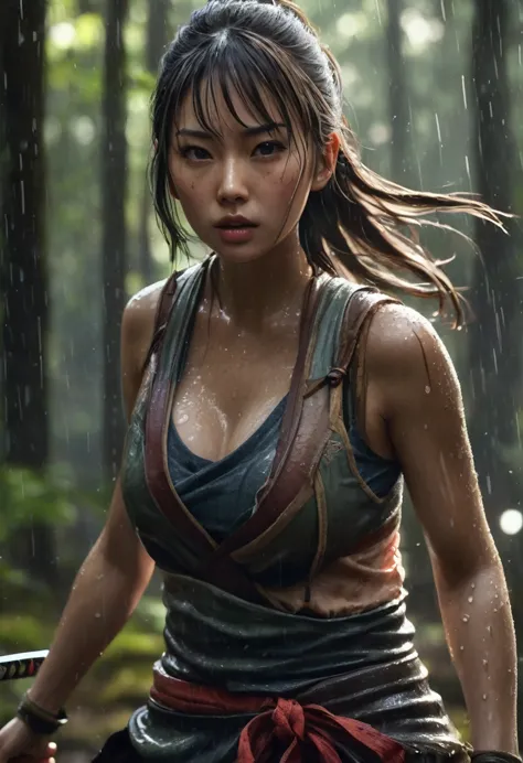 a japanese warrior big breasts girl with hyperrealistic details and atmospheric depth in a rainy forest filled with sunlight, dy...