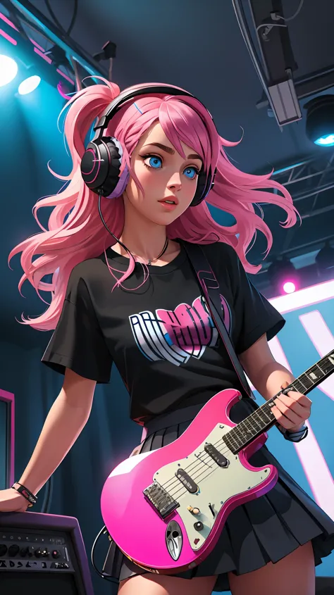 raw photo, masterpiece, photorealistic, best quality, 1girl playing an electric guitar, black skirt, blue eyes, headphones, hold...