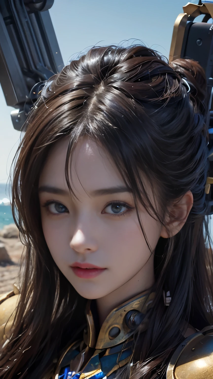 close up, (masterpiece, best quality:1.2), (8k uhd, 16k, 32k, ultra high res), (photorealistic:1.37), (RAW photo), ultimate-realistic, ultimate-realistic details, ultimate-realistic texture, ultimate-intricate details, ultimate-realistic lighting, ultimate-realistic shadow, japanese girl, ultimate-cute face, ultimate-RAW skin, ultimate-realistic eyes, (mechanical:1.4),  (armor), full body, wide shot