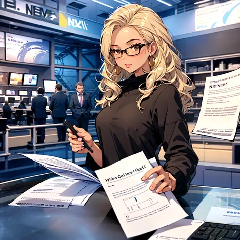 js_news,leading news,in news studio,sits by the table,1 girl, brown skin, blonde curly hair, laptop on the table,papers on the t...