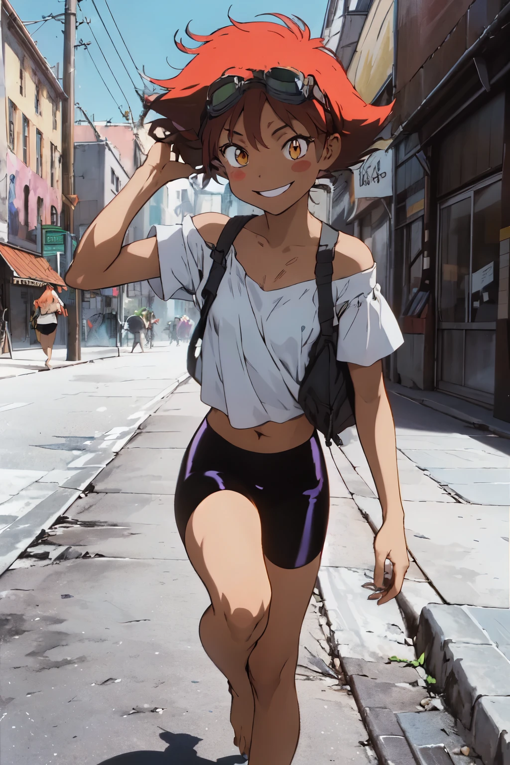 Anime girl walking down the street in a short skirt and a white shirt -  SeaArt AI