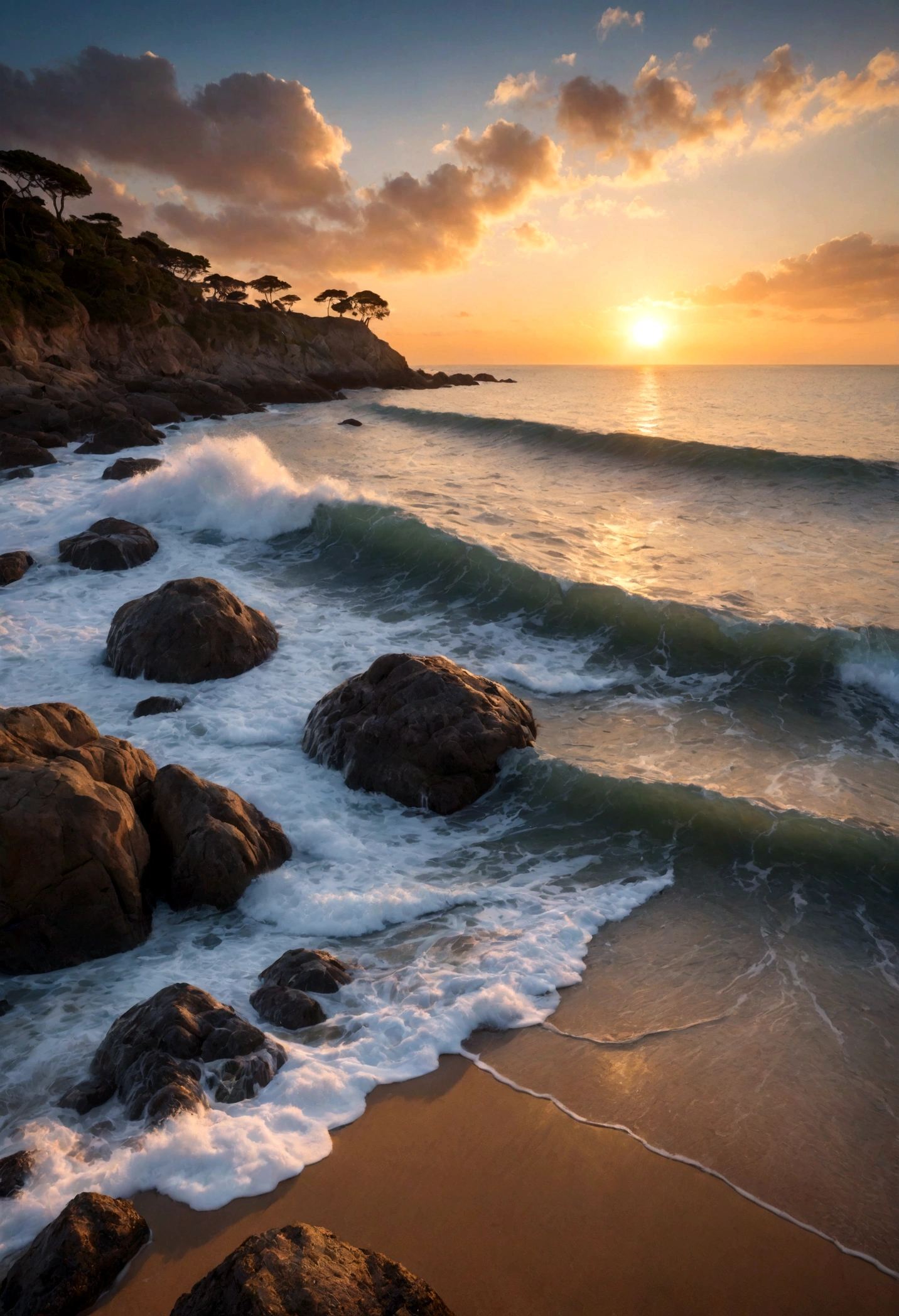 "Imagina una serena escena costera durante la hora dorada, El mar y el cielo se fusionan en uno，Asombroso. Esta imagen fue tomada con una Canon EOS R5, Equipado con 70-200 mm F/2.8 lentes, Crea composiciones de alta resolución, Captura la inmensidad del mar y el cielo. La configuración de la cámara incluye un sensor de 45 megapíxeles., El resultado es una impresionante resolución de 16K. Asegúrate de la mejor calidad y ruido mínimo, Se selecciona un valor ISO de 200. La velocidad de obturación se establece en 1/Más de 200 años de antigüedad, Congela ese momento en el tiempo, Gran apertura/2.8 Logró profundidad de campo artística y mejor captura de luz."