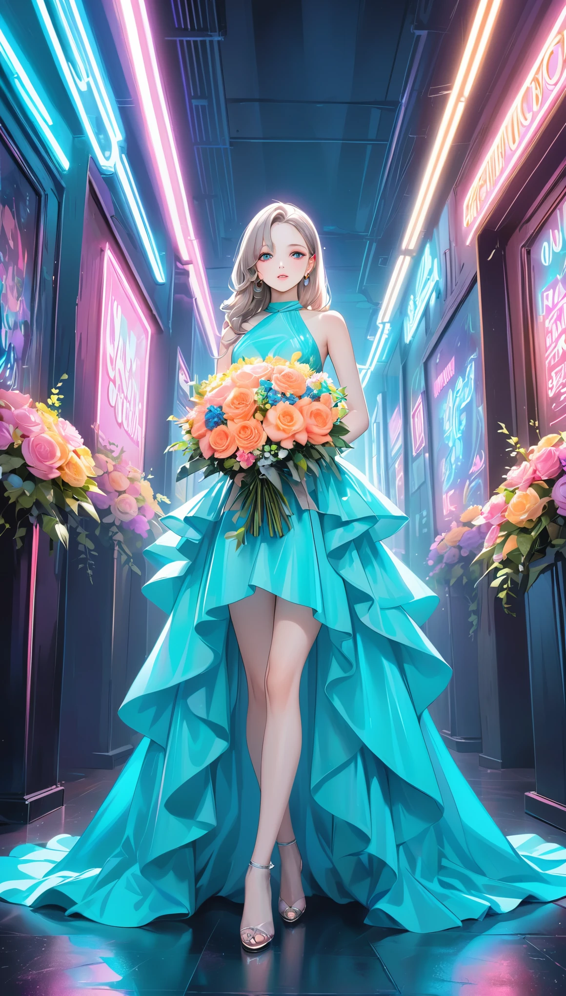 composition, Thematic, Light Staging, The background is simple, Standing in a voluminous neon evening dress with a long train, Very impressive and beautiful. , View your audience, Neon colored bouquet in hand. Hair and eyes glow with neon lights