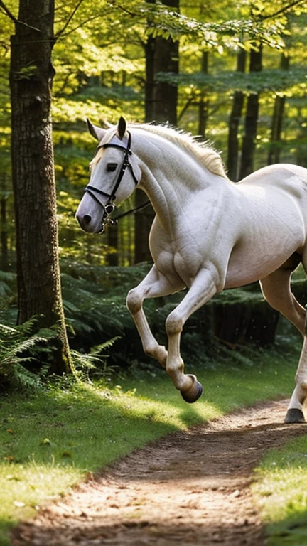 The image captures a moment of pure elegance and freedom. A majestic white horse, adorned with a black bridle, is captured mid-gallop on a path that meanders through a forest. The horse's muscles are taut, showcasing the power and grace inherent in its every movement. The path beneath it is strewn with fallen leaves, hinting at the season's change. The forest around it is a symphony of colors, with trees in various shades of green and yellow, their leaves rustling softly in the breeze. The horse's mane and tail are caught in the wind, adding a dynamic element to the scene. This image is a beautiful representation of nature's harmony and the beauty of a horse in its natural environment.