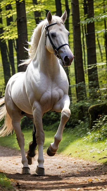 The image captures a moment of pure elegance and freedom. A majestic white horse, adorned with a black bridle, is captured mid-gallop on a path that meanders through a forest. The horse's muscles are taut, showcasing the power and grace inherent in its every movement. The path beneath it is strewn with fallen leaves, hinting at the season's change. The forest around it is a symphony of colors, with trees in various shades of green and yellow, their leaves rustling softly in the breeze. The horse's mane and tail are caught in the wind, adding a dynamic element to the scene. This image is a beautiful representation of nature's harmony and the beauty of a horse in its natural environment.