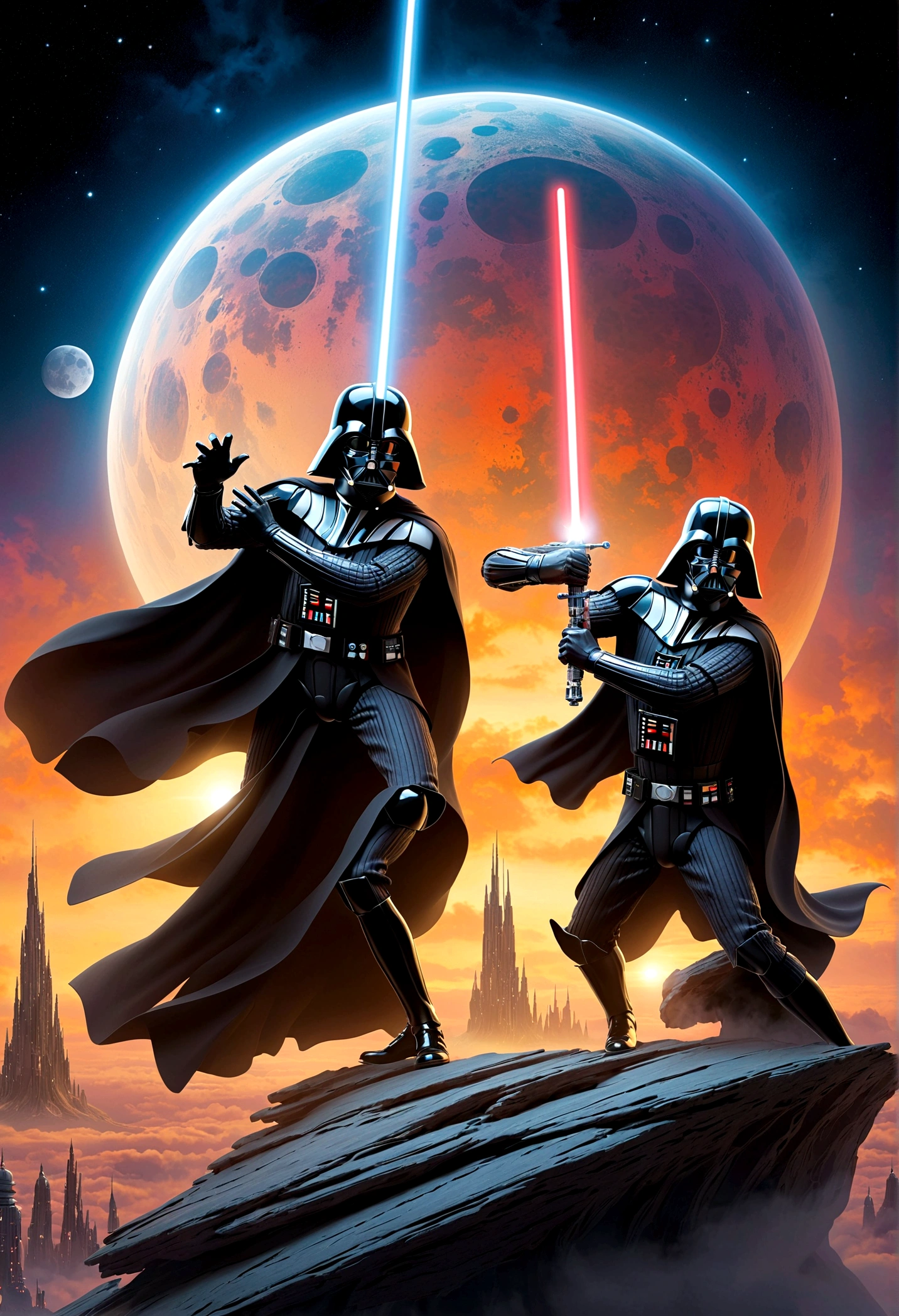 Star Wars rock opera, Luke Skywalker and  Darth Vader are dueling using guitars. emotional, powerful, dramatic, dueling power ballads, Bespin Cloud City