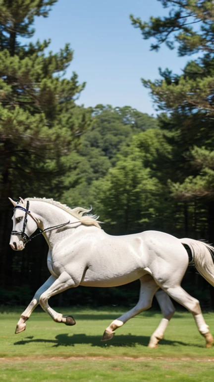 "Elegance in Motion: A White Horse Galloping Through a Forest"