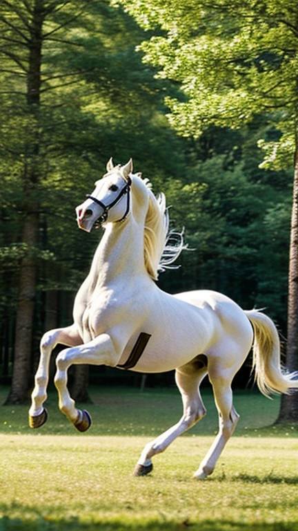 "Elegance in Motion: A White Horse Galloping Through a Forest"