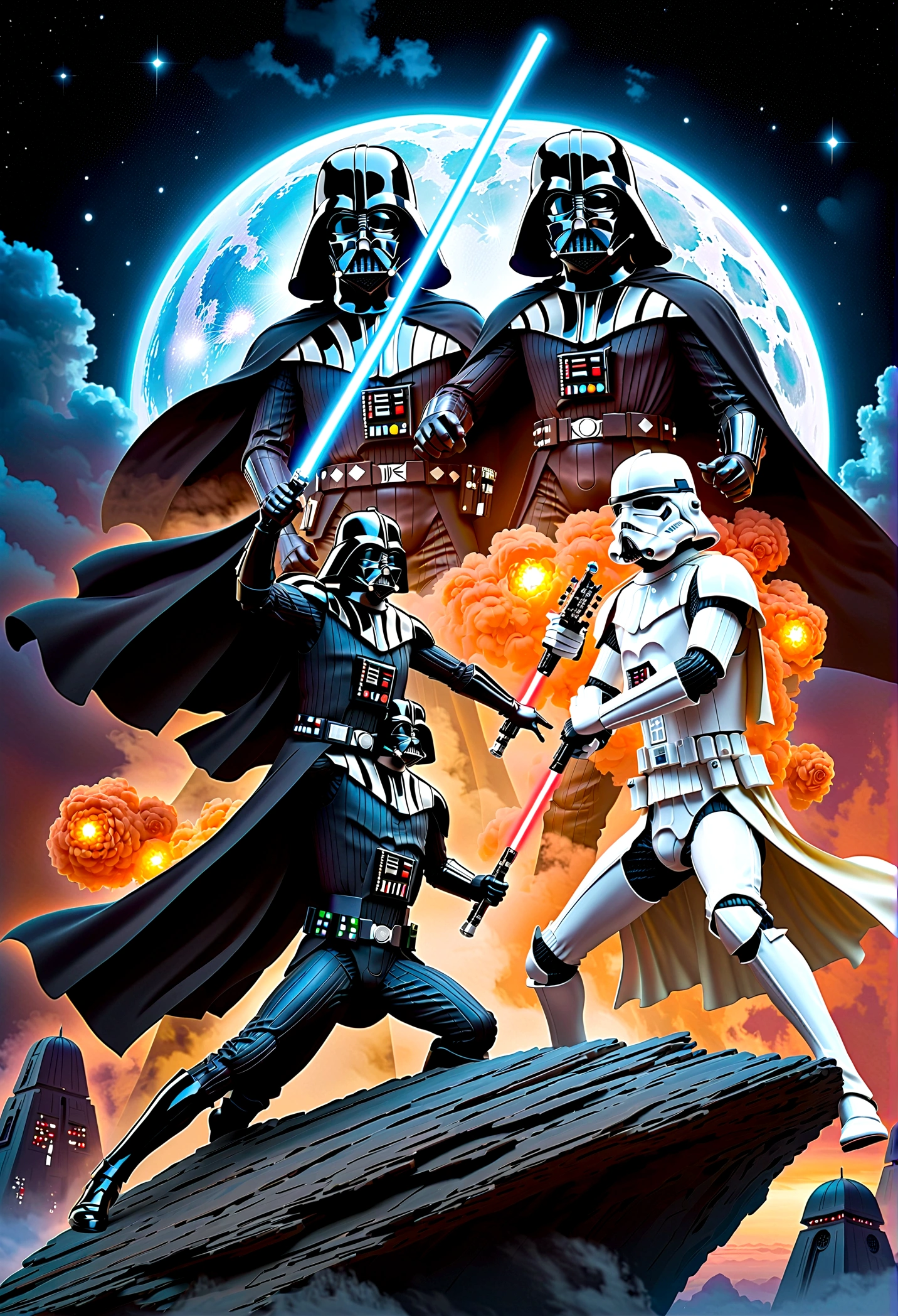 Star Wars rock opera, Luke Skywalker and  Darth Vader are dueling using guitars. emotional, powerful, dramatic, dueling power ballads, Bespin Cloud City