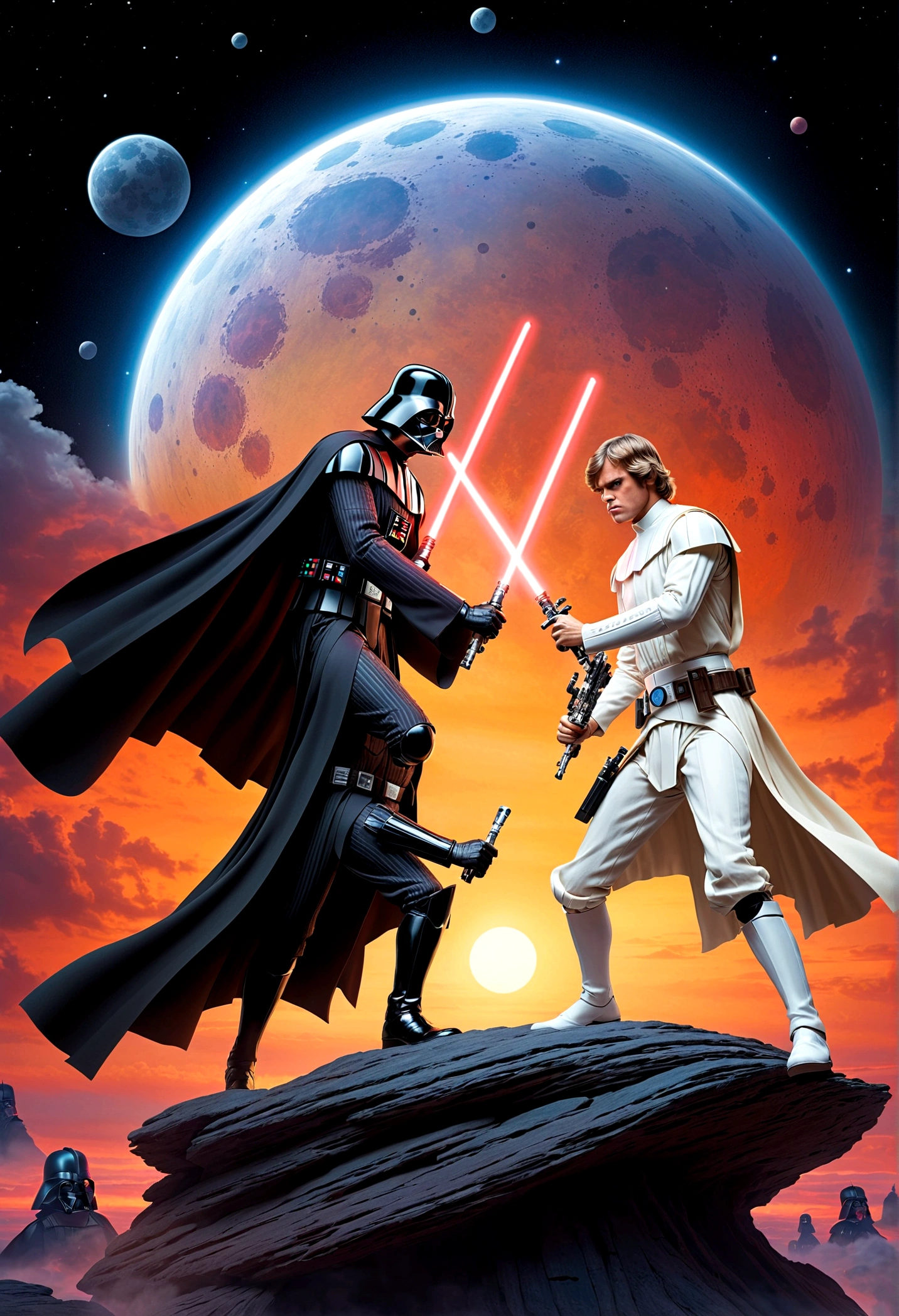 Star Wars rock opera, Luke Skywalker and  Darth Vader are dueling using guitars. emotional, powerful, dramatic, dueling power ballads, Bespin Cloud City