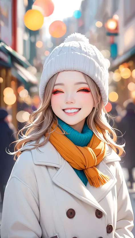 Highly detailed face, ((Drop your eyes)), pretty girl, Vibrant colors, Soft natural light, Bokeh effect. Winter clothing, Perfec...