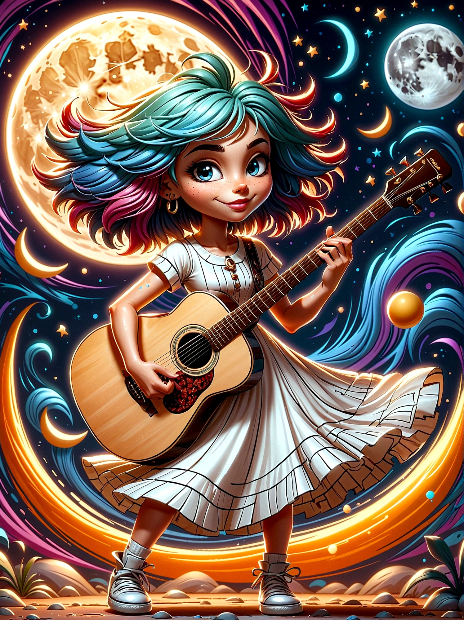A cartoon doodle character，Vector illustration，1girl，solo，the guitar player，With brightly colored hair，Girl dancing gracefully in a white long dress，In the surreal and dreamy sky，She stood on a crescent moon，Keeping Balance While Playing Guitar，Rendering showing melting elements，Elements appear to drip and deform smoothly，Using a digital style should capture the scene，As seen through the long exposure technique，Create a sense of continuous movement and change，The scene is mysterious and ethereal，Soft moonlight fills the surroundings，Rendered with soft brushstrokes，Exude a sense of whimsy and charm in this moonlight fantasy，Anatomically correct，Textured Skin，Standing in front of a graffiti style background，Add whimsy to the scene，1xhsn1