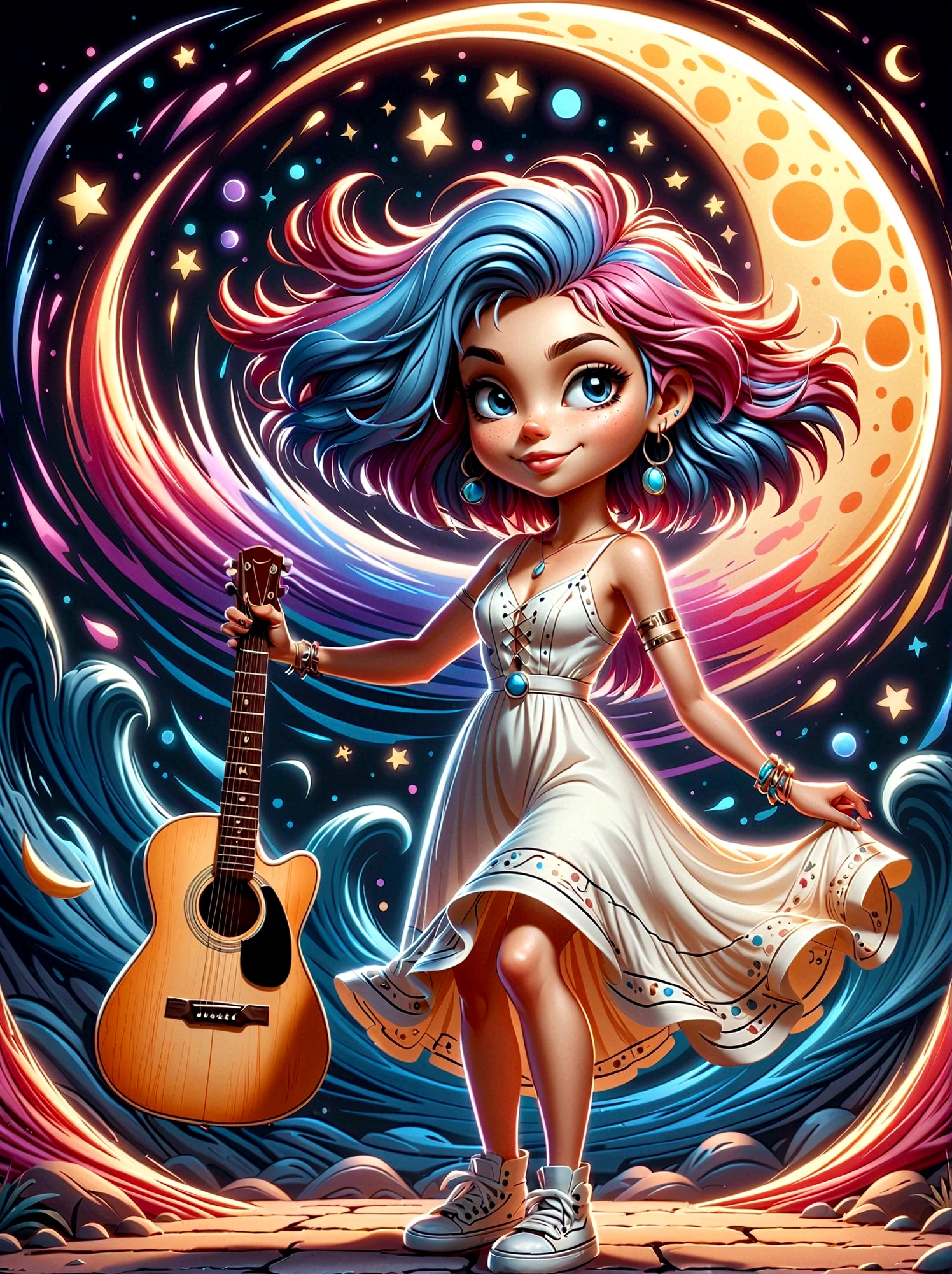 A cartoon doodle character，Vector illustration，1girl，solo，the guitar player，With brightly colored hair，Girl dancing gracefully in a white long dress，In the surreal and dreamy sky，She stood on a crescent moon，Keeping Balance While Playing Guitar，Rendering showing melting elements，Elements appear to drip and deform smoothly，Using a digital style should capture the scene，As seen through the long exposure technique，Create a sense of continuous movement and change，The scene is mysterious and ethereal，Soft moonlight fills the surroundings，Rendered with soft brushstrokes，Exude a sense of whimsy and charm in this moonlight fantasy，Anatomically correct，Textured Skin，Standing in front of a graffiti style background，Add whimsy to the scene，1xhsn1