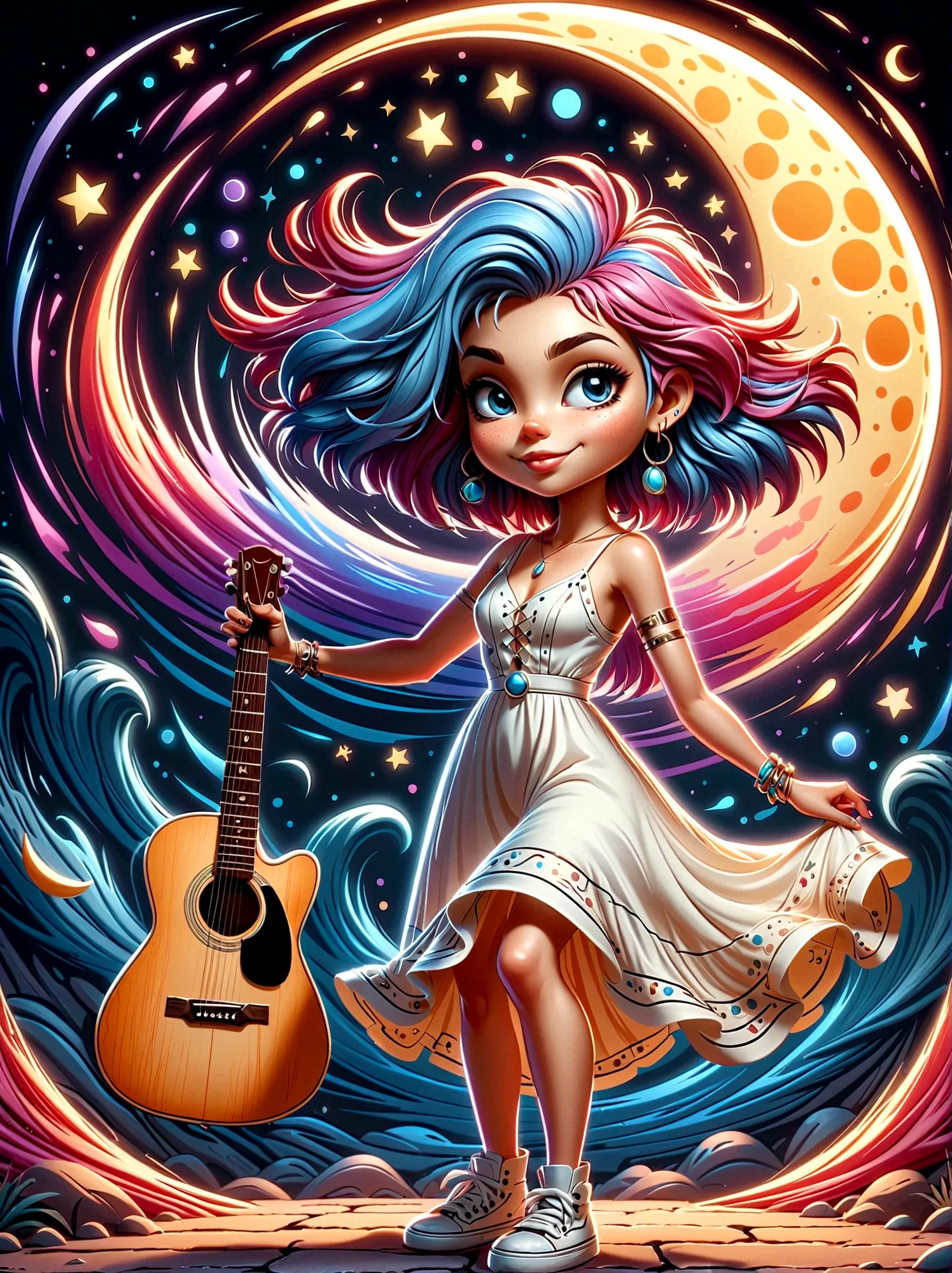 A cartoon doodle character，Vector illustration，1girl，solo，the guitar player，With brightly colored hair，Girl dancing gracefully i...