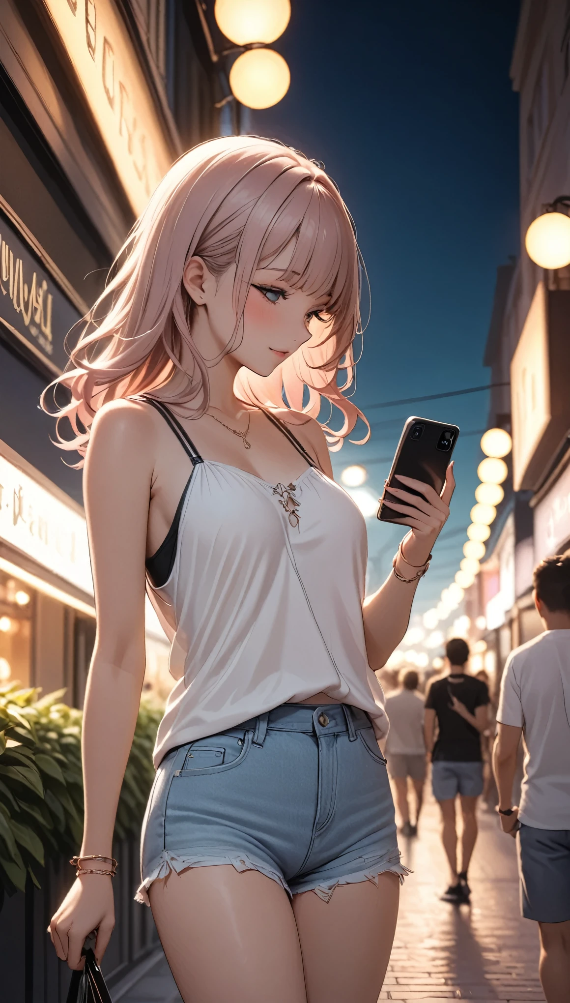 Beautiful woman, street lights at night, Fiddling with smartphones, Hot Pants, black, pink, summer, feel hot, Passersby, night gradient, fine details, Subtle tones, There is a sense of tranquility in the picture. Bokeh, 