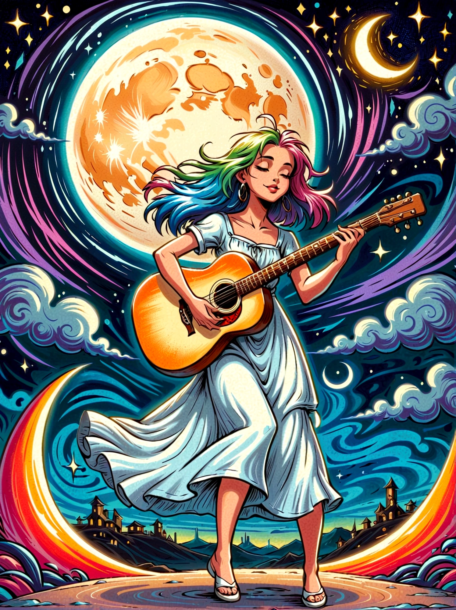 卡通涂鸦人物，矢量插图，1女孩，独自的，吉他手，头发颜色鲜艳，穿着白色长裙优雅地跳舞的女孩，在超现实又梦幻的天空中，她站在新月上，弹吉他时保持平衡，渲染显示熔化元素，元素看起来流畅地滴落和变形，使用数字风格捕捉场景，通过长曝光技术可以看到，创造一种持续运动和变化的感觉，场景神秘而空灵，柔和的月光洒满四周，用柔和的笔触呈现，在月光幻想中散发出奇思妙想和魅力，解剖学上正确，纹理皮肤，站在涂鸦风格的背景前，为场景增添奇思妙想，1xhsn1
