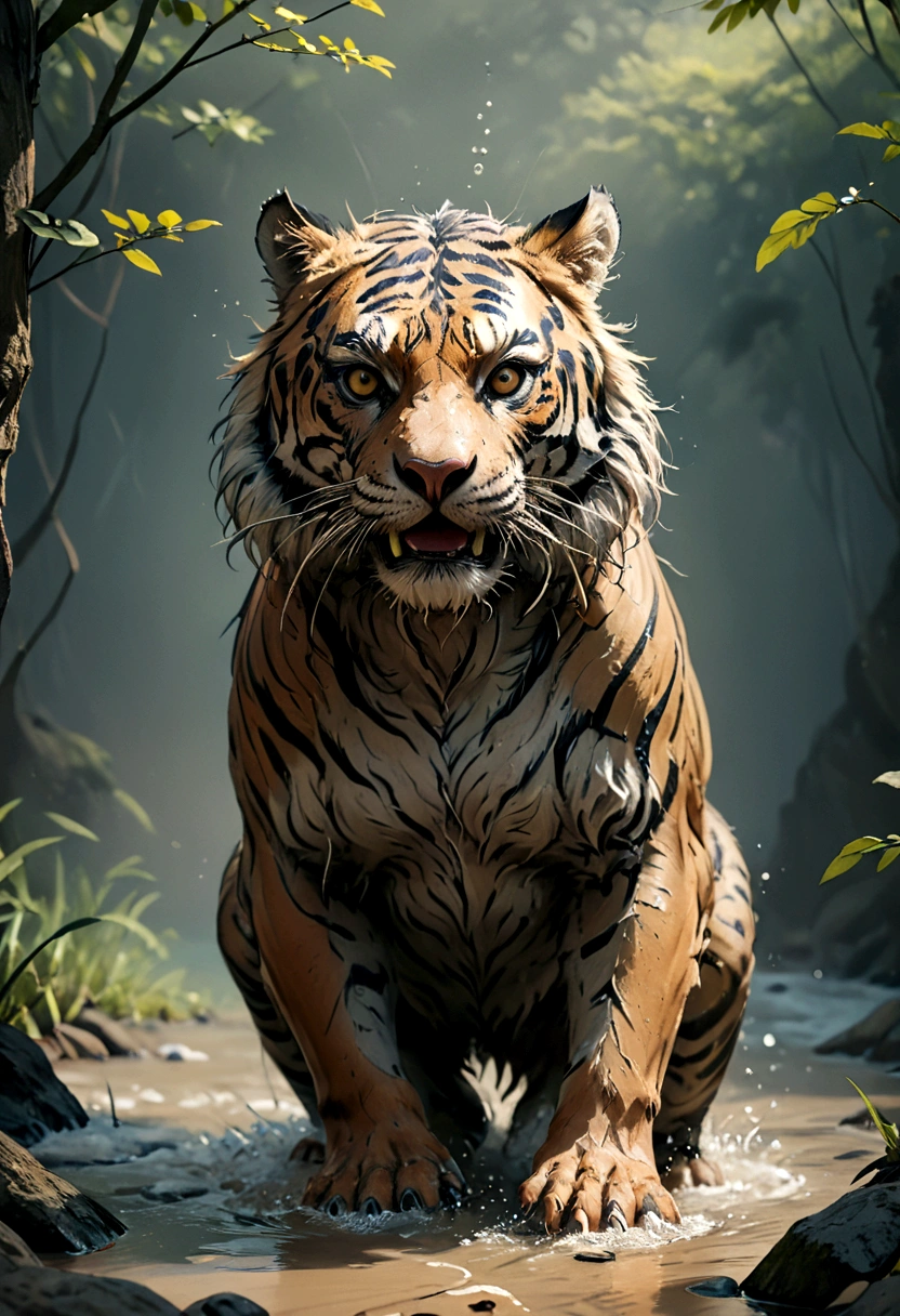 ((​masterpiece)), (Best quality), (filmic),(High-precision drawing down to the smallest detail)(extremely precise representation)complete_Body_shot, illustrative japanese tattoo mood, a stunning South China Tiger (with all tiger specific Bodyparts) wild playing in the water,high whipped water, high-quality lines,simple backround,1 line drawing,, Plain white background