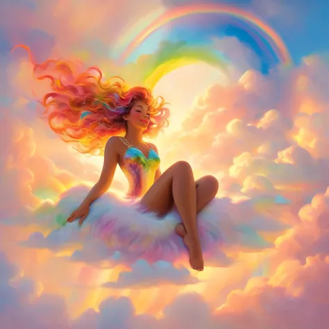 A stunningly ethereal woman, composed of a dazzling array of rainbow hues, reclines gracefully at the end of a radiant rainbow a...