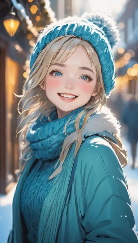 Highly detailed face, ((Drop your eyes)), pretty girl, Vibrant colors, Soft natural light, Bokeh effect. Winter clothing, Perfec...