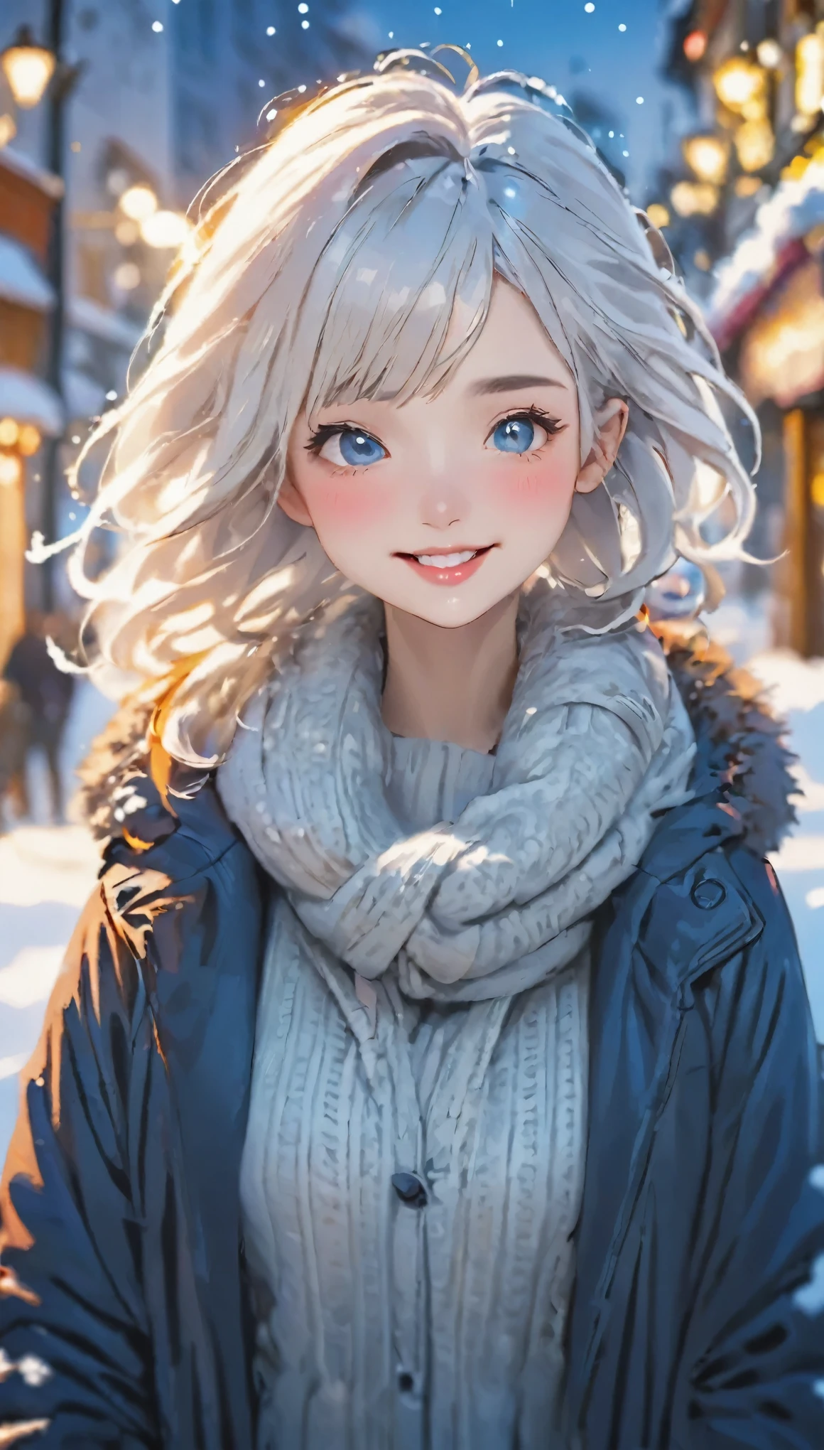 Highly detailed face, ((Drop your eyes)), pretty girl, Vibrant colors, Soft natural light, Bokeh effect. Winter clothing, Perfect Makeup, Professional photography, Street Snapshots, Vibrant colors, (smile, Laughter), 