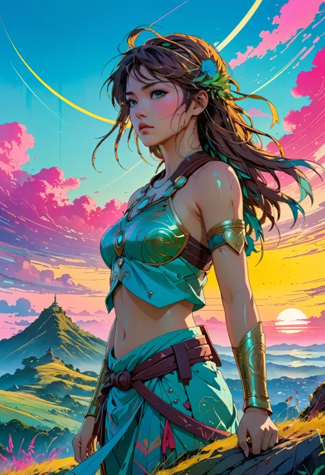 poster of warrior princess, standing alone on hill, detailed gorgeous face, anime style, key visual, intricate detail, synthwave...