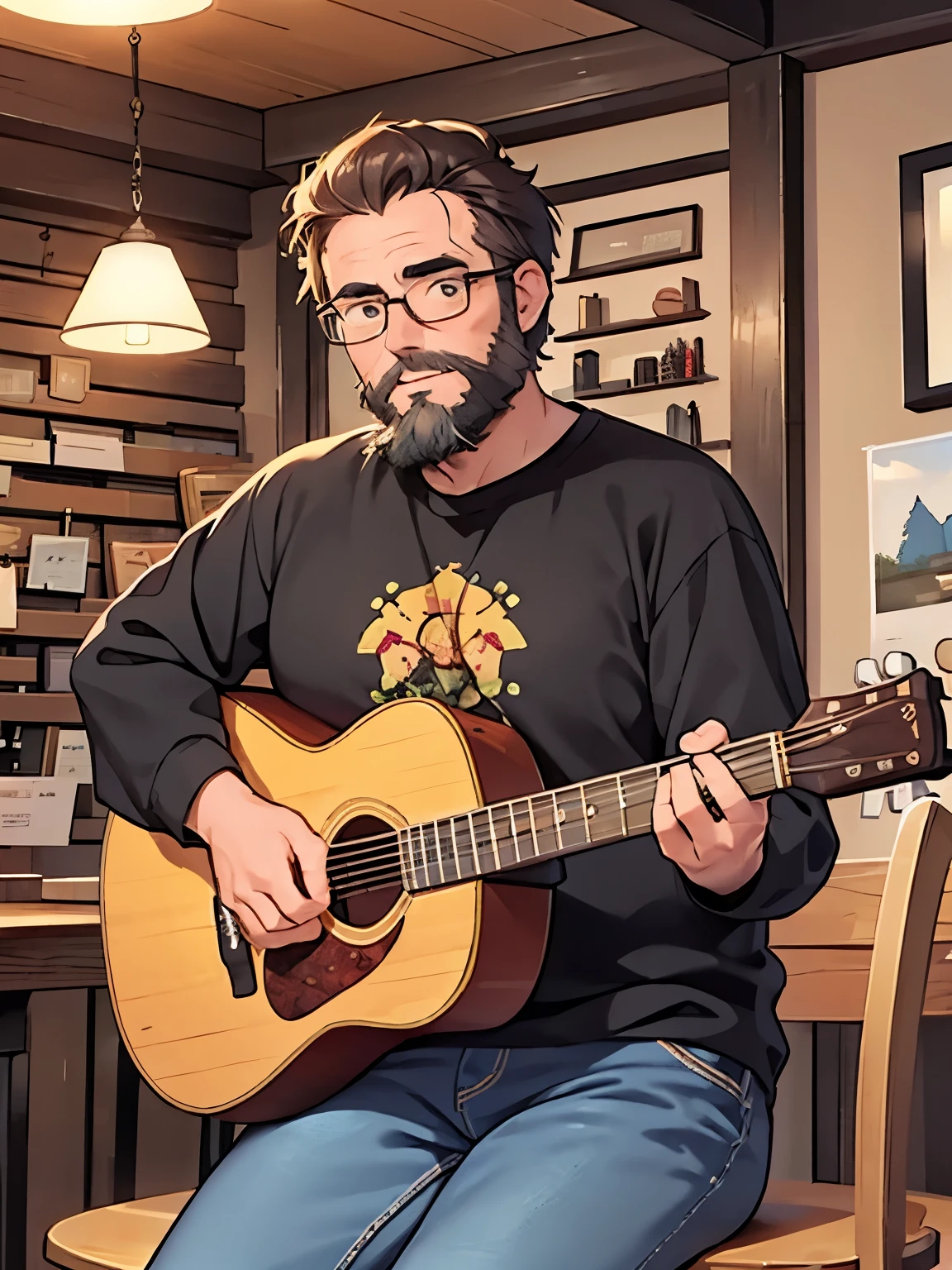 un hombre de mediana edad con barba y gafas tocando una guitarra acústica en una acogedora cafetería, iluminación cálida, ambiente relajado, audiencia casual escuchando atentamente, hombre vestido con camisa informal y jeans, guitarra de madera, meloso, íntimo, música