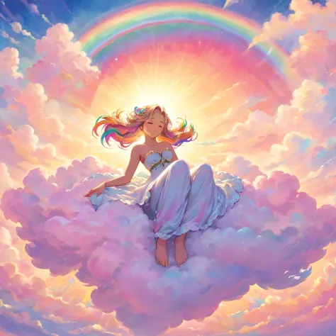 A stunningly ethereal woman, composed of a dazzling array of rainbow hues, reclines gracefully at the end of a radiant rainbow a...