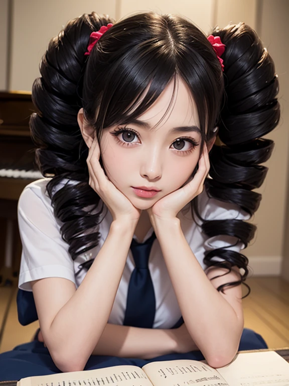 masterpiece, highest quality, Very detailed, 16k, Ultra-high resolution, 17-year-old girl, Detailed face, Anatomically correct, black eye, Black Hair, Long Hair, Drill Hair, (mega twin drills:1.5), , White blouse, Red tie, Navy Skirt, School, music room, piano, pianoの前, stand