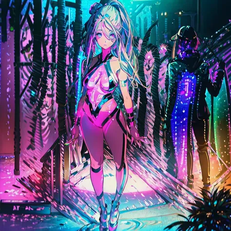 (safe for work)An android (lovely woman, sparkly clothes tape outfit, backlit eyes, neon joints) neon highlight guitar, performi...