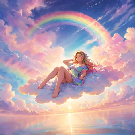A stunningly ethereal woman, composed of a dazzling array of rainbow hues, reclines gracefully at the end of a radiant rainbow a...
