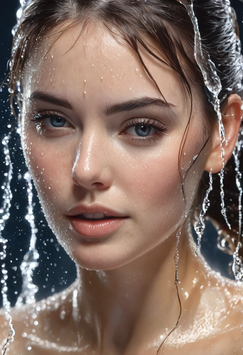 Depicting a dynamic scene of hydrophobic splashes frozen in time, with water droplets suspended in the air around a captivating busty woman, her figure shimmers with dewy elegance as she emerges from a veil of liquid shimmer, summing up the essence of watery beauty,hyperrealism, realistic lighting, ultra skin texsture, stable diffusion, perfect anatomy, crazy details, hyperrealism body, hyperrealism face, hyperrealism breast, hyperrealism hair, hyperrealism shadows, hyperrealism texsture, hyperrealism skin texsture, hyperrealism detailed face, hyperrealism detailed body, hyperrealism detailed breast, hyperrealism detailed hair, hyperrealism detailed anatomy, hyperrealism detailed lighting, hyperrealism detailed shadows, hyperrealism detailed texsture, hyperrealism detailed background, hyperrealism detailed water droplets, hyperrealism detailed wet body, hyperrealism detailed wet face, hyperrealism detailed wet hair