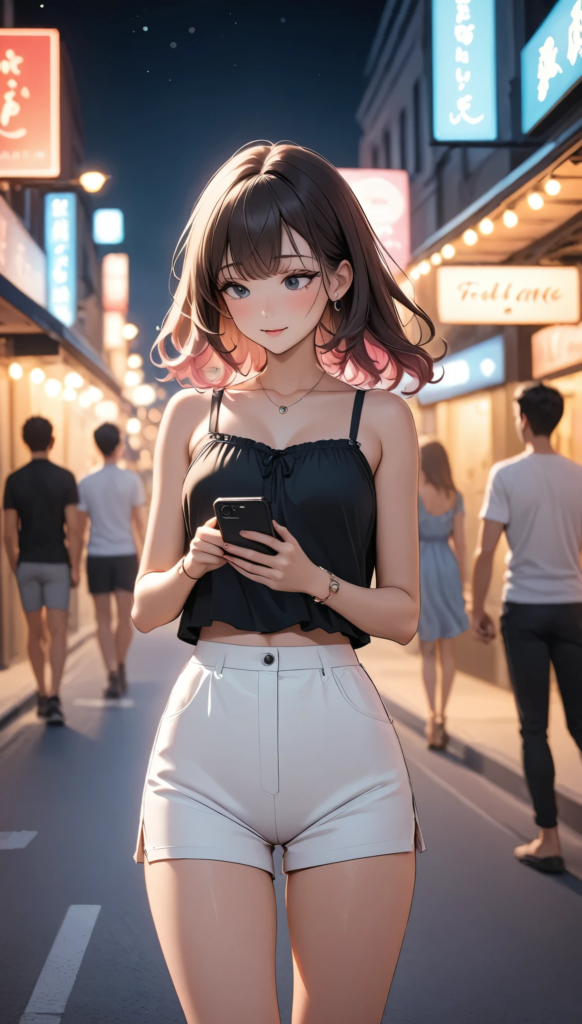 Beautiful woman, street lights at night, Fiddling with smartphones, Hot Pants, black, pink, summer, feel hot, Passersby, night gradient, fine details, Subtle tones, There is a sense of tranquility in the picture. Bokeh, 