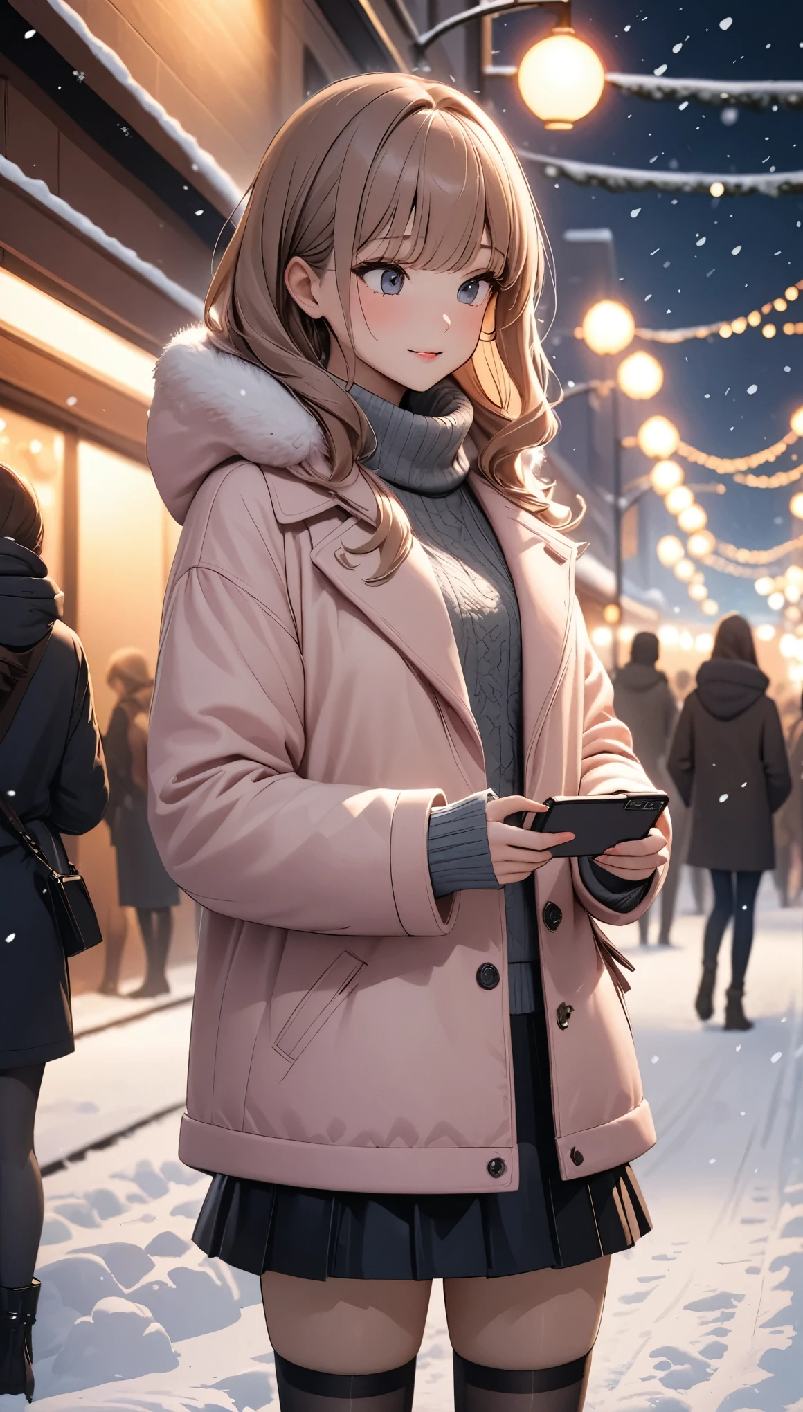Beautiful woman, street lights at night, Fiddling with smartphones, Hot Pants,  pink, snow, snowing, Passersby, night gradient, fine details, Subtle tones, There is a sense of tranquility in the picture. Bokeh, stockings