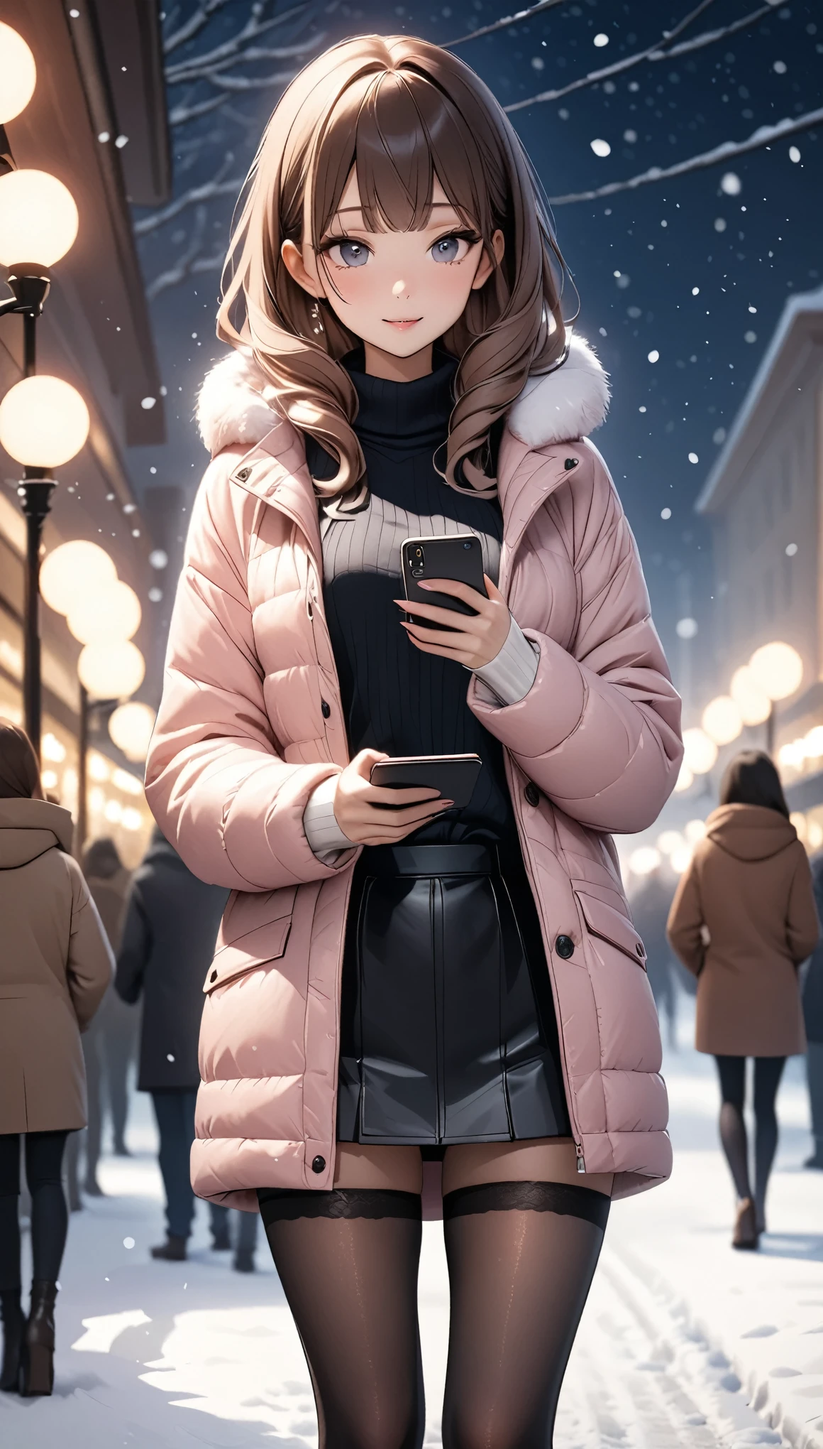 Schöne Frau, Straßenlaternen in der Nacht, Mit Smartphones hantieren, Hot Pants,  Rosa, Schnee, Schneeing, Passanten, nachtfarbverlauf, Feine Details, subtile Töne, Das Bild vermittelt ein Gefühl der Ruhe. Bokeh, Strümpfe