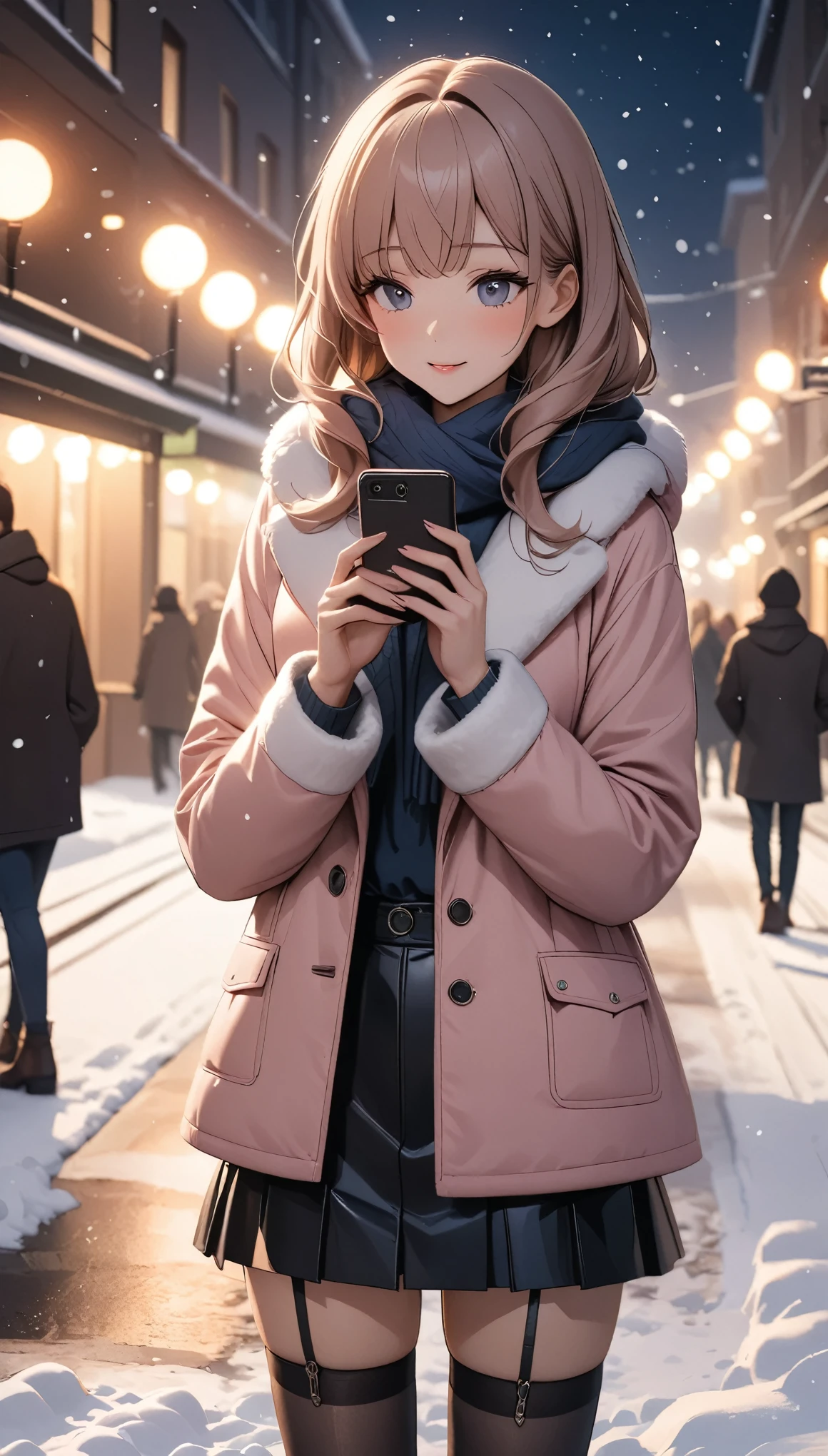 Beautiful woman, street lights at night, Fiddling with smartphones, Hot Pants,  pink, snow, snowing, Passersby, night gradient, fine details, Subtle tones, There is a sense of tranquility in the picture. Bokeh, stockings