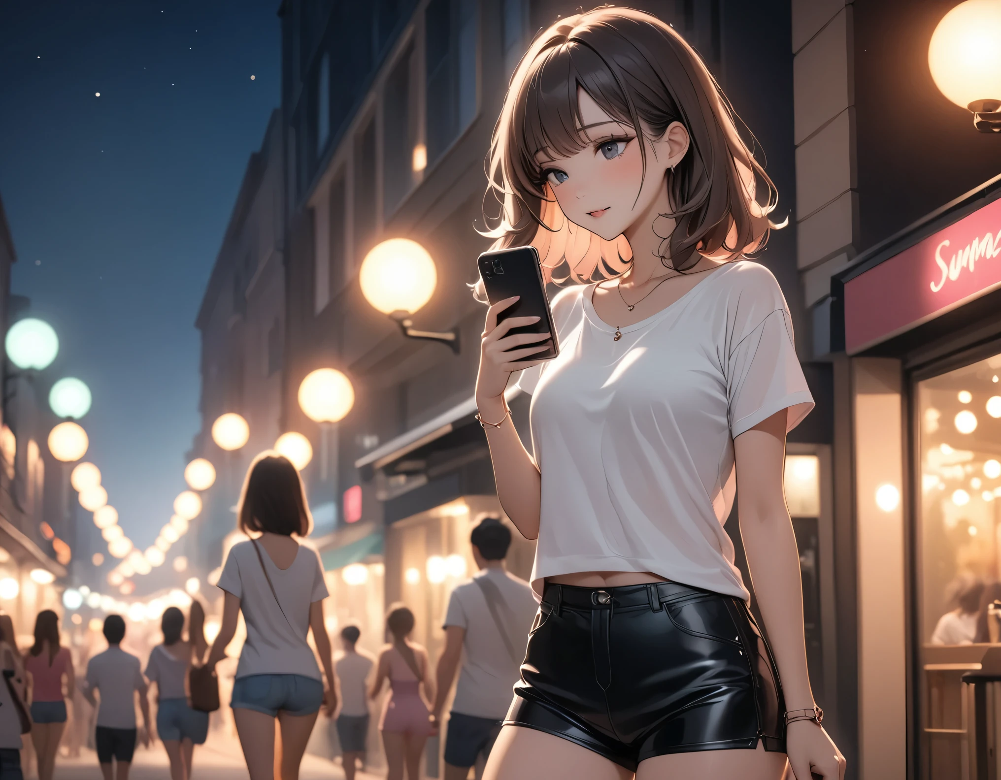 Beautiful woman, street lights at night, Fiddling with smartphones, Hot Pants, black, pink, summer, feel hot, Passersby, night gradient, fine details, Subtle tones, There is a sense of tranquility in the picture. Bokeh, 