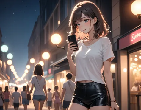 Beautiful woman, street lights at night, Fiddling with smartphones, Hot Pants, black, pink, summer, feel hot, Passersby, night g...