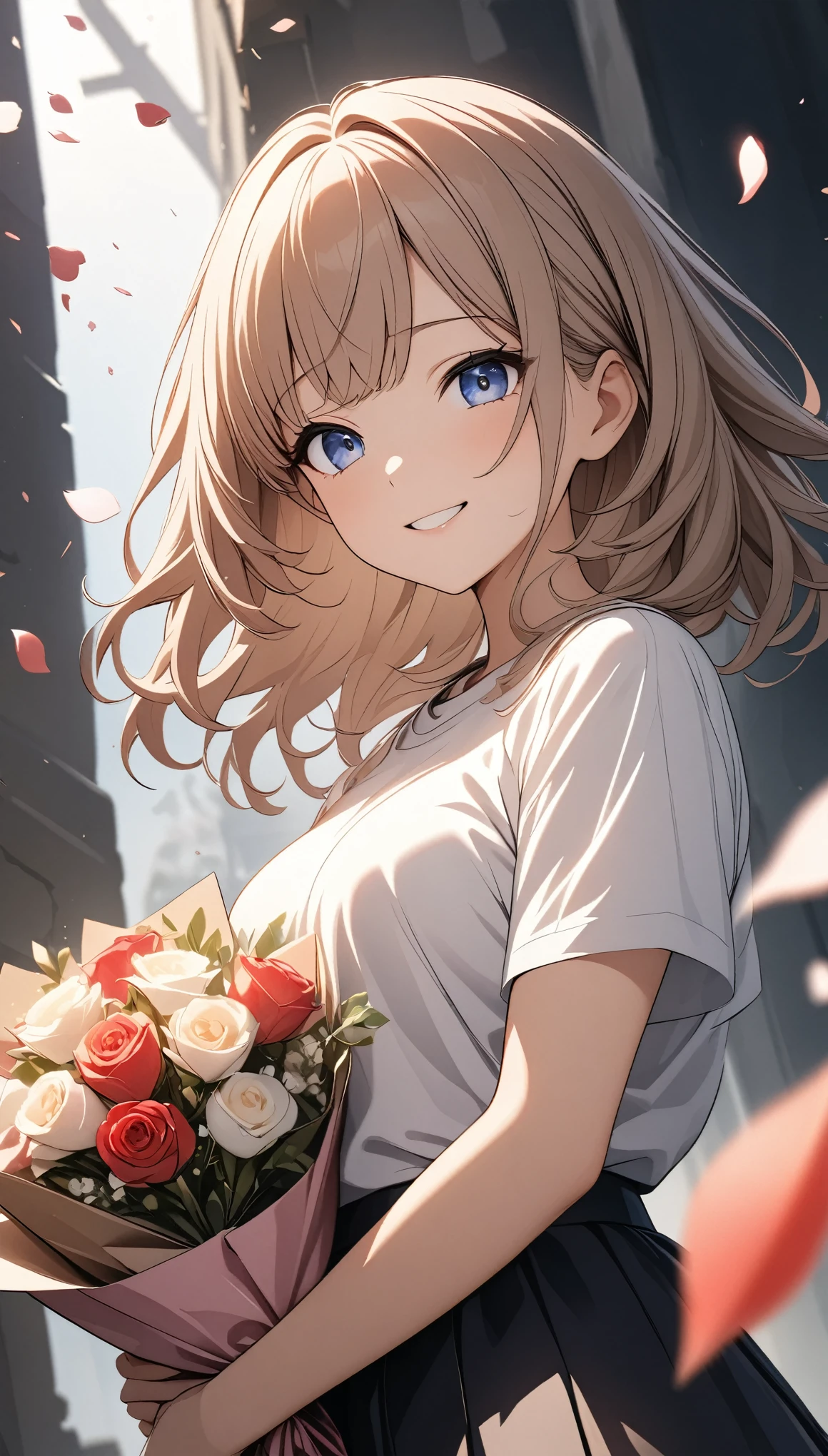 Middle view, Medium shot, Shallow depth of field, Broken into pieces, Upper Body, angle, masterpiece, best quality, Super detailed, CG, 8k wallpaper, Pretty Face, Exquisite eyes, A girl, Solitary, Smile, Bangs, shirt, skirt, petal, bouquet