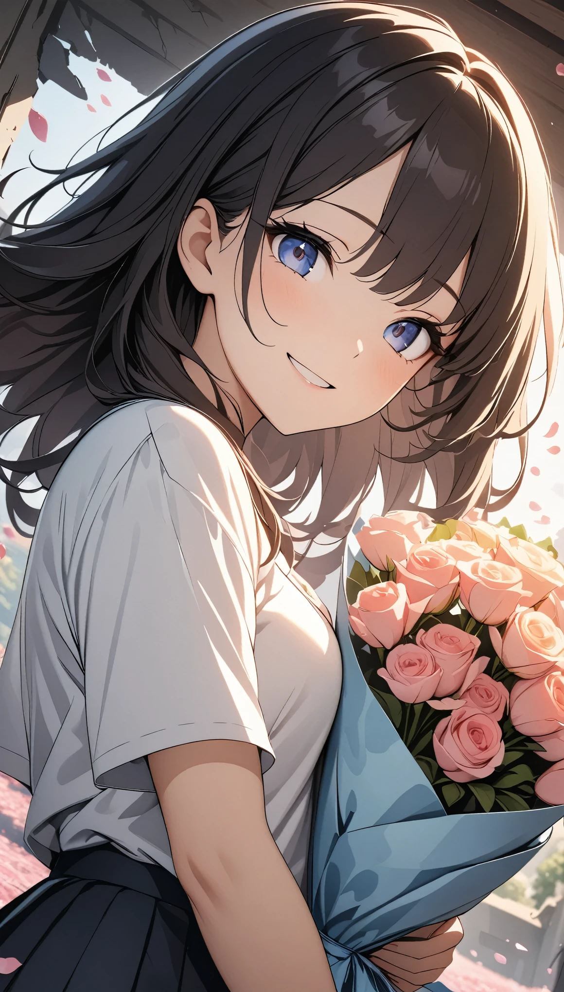 Middle view, Medium shot, Shallow depth of field, Broken into pieces, Upper Body, angle, masterpiece, best quality, Super detailed, CG, 8k wallpaper, Pretty Face, Exquisite eyes, A girl, Solitary, Smile, Bangs, shirt, skirt, petal, bouquet