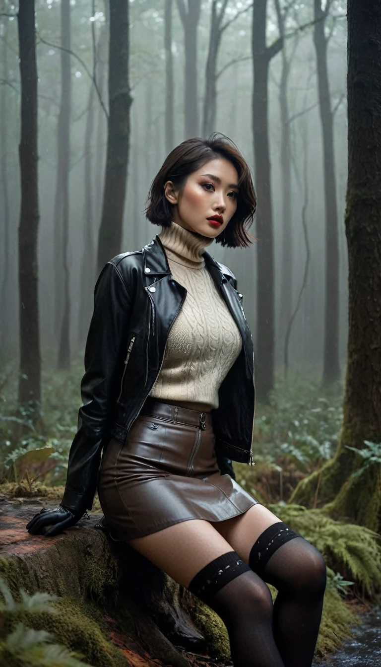 8k, ultra-detailed, grainy film photo, masterpiece,muted colors, muffled light, dusk, rainy, moody, noir, woman in forest, elegant sitting, elegant pose, short stockings with garters, light turtleneck sweater, pencil skirt, faded detailed biker leather jacket, beautiful long brunette hair, depraved, asian, fetishistic makeup, beige, brown, red