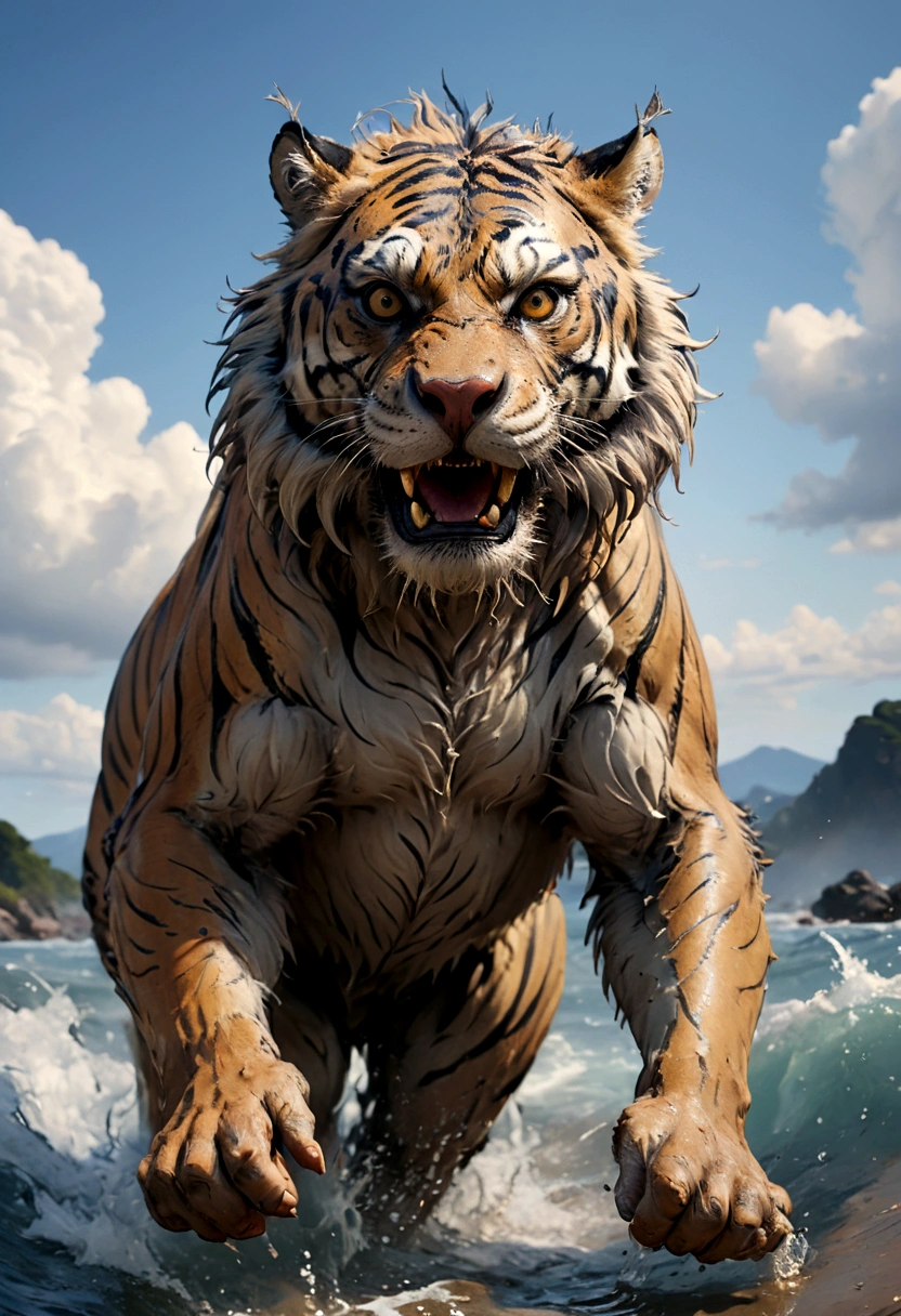 ((Masterpiece)), (Best Quality), (Cinematic),(highly accurate drawing in every detail)(extremely precise representation)complete_body_shot, illustrative japanese tattoo vibe, a stunning mythical tiger (with all tiger specific bodyparts) playing wild jumping in water, high quality linework,plain background,1 line drawing,, plain white background,mythical clouds,comic book,dcas_lora, complete body