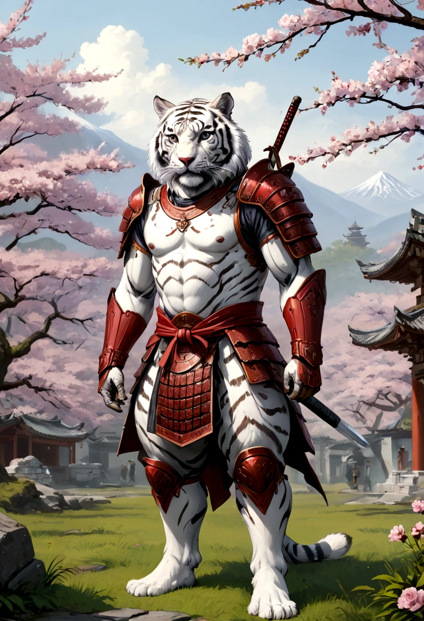 ((Masterpiece)), (Best Quality), (Cinematic),(highly accurate drawing in every detail)(extremely precise representation)complete_body_shot, a stunning white tiger(white siberian tiger) (with all tiger specific bodyparts) with partly longer flowing fur clad in ancient red samurai plate armor with helmeted samuraihelmet and katana and nodachi standing ready to fight in front of temple with cherry blossoms. the scenery is absurd but awe inspiring. high quality linework,plain background,1 line drawing,flat watercolor background,